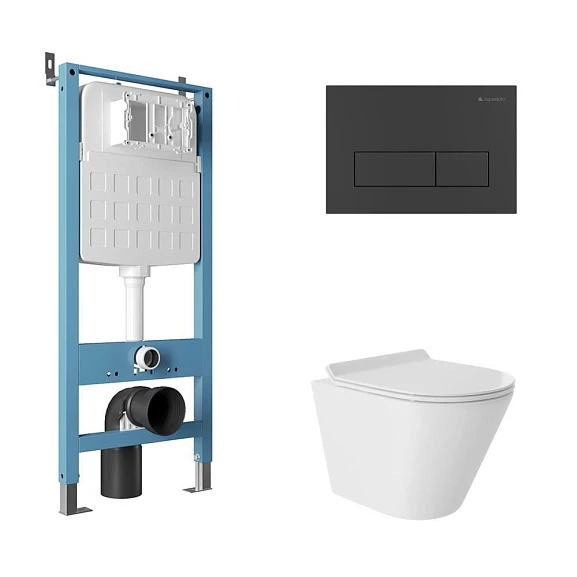 Комплект инсталляции Aqueduto Tecnica Novo с безободковым унитазом Cone Tornado белый глянец, клавиша смыва Retangulo Novo черная матовая