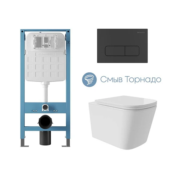 Комплект инсталляции Aqueduto Tecnica Novo с безободковым унитазом Macio Plus Tornado белый глянец, клавиша смыва Forma черная матовая