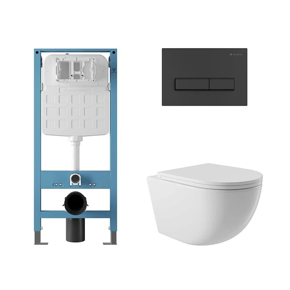 Комплект инсталляции Aqueduto Tecnica Novo с безободковым унитазом Ovo белый глянец, клавиша смыва Retangulo черная матовая