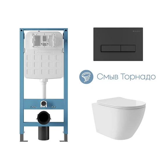 Комплект инсталляции Aqueduto Tecnica Novo с безободковым унитазом Ovo Plus Tornado белый глянец, клавиша смыва Retangulo черная матовая