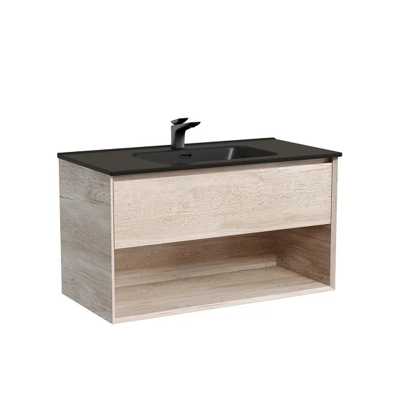 Тумба с раковиной Sancos Marmi 1.0 90 дуб галифакс натуральный (раковина Element CN7002MB черная матовая)