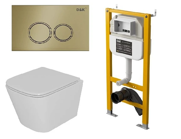 Комплект инсталляции D&K DI8050127 с безободковым унитазом Berlin, клавиша смыва Bayern матовое золото