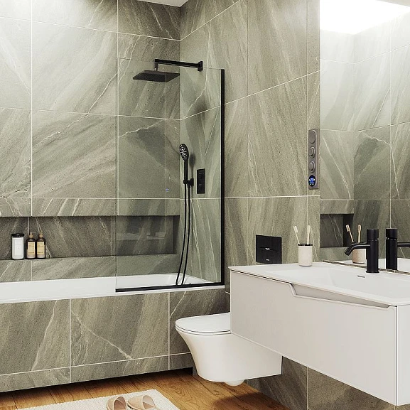 Душевая шторка на ванну MaybahGlass MGV-64-6у 80*140 профиль черный матовый стекло прозрачное